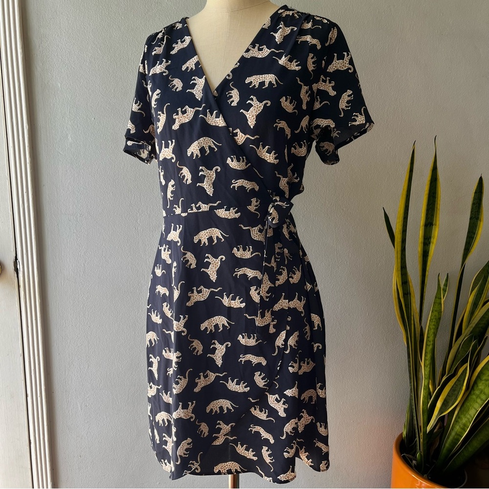 J.Crew• Navy Leopard Wrap Dress• Sz 10 - Picture 2 of 12